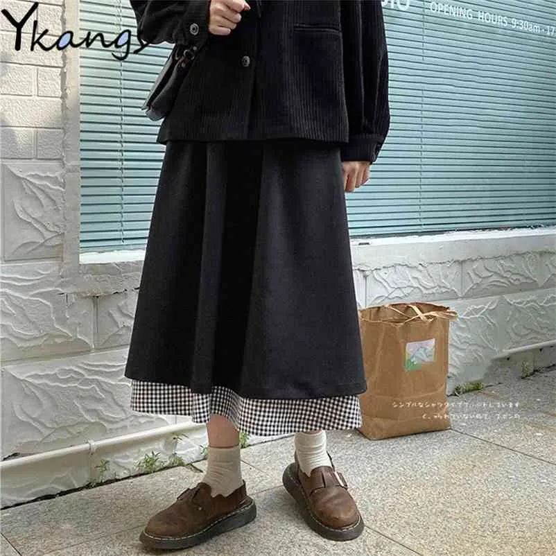 Japanese Style Black Plaid Panelled Women Skirt High Waist Vintage pleated skirt Elegant Ruffles Cute Kawaii Midi Preppy Skirts 210421