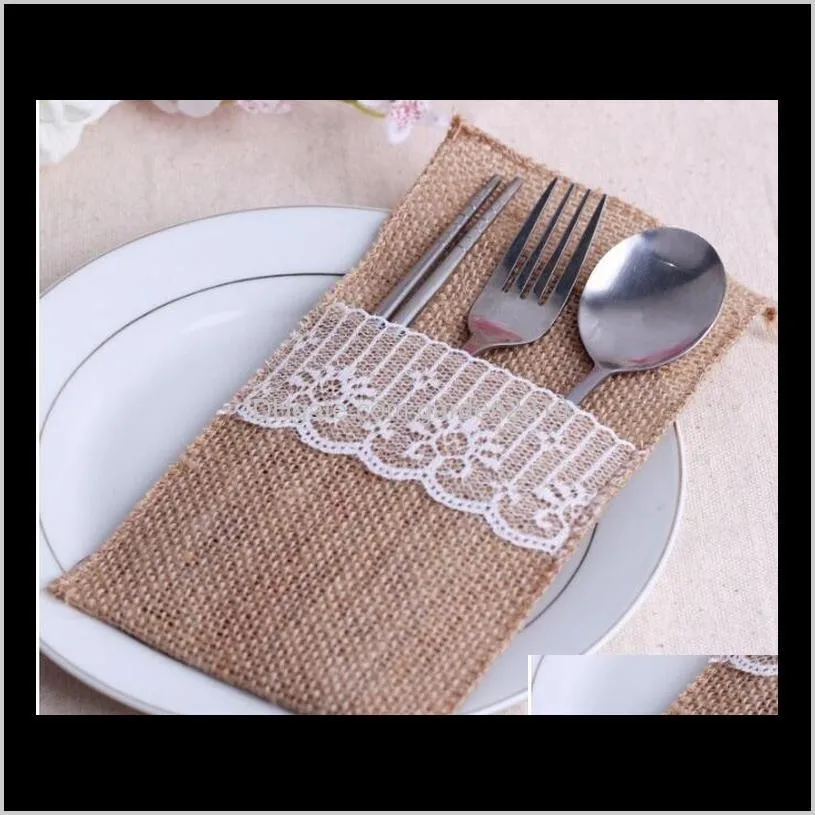 240pcs/lot vintage shabby chic jute burlap lace wedding tableware pouch cutlery bag rustic wedding table decoration