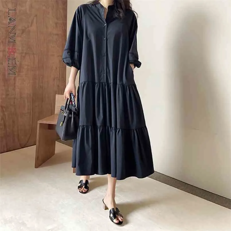 Korean Style Casual Midi Midi Shirt Dress with Stand Collar and Medium Sleeves for Women - Solid, Loose-Fitting, and Fashionable Summer Midi Shirt