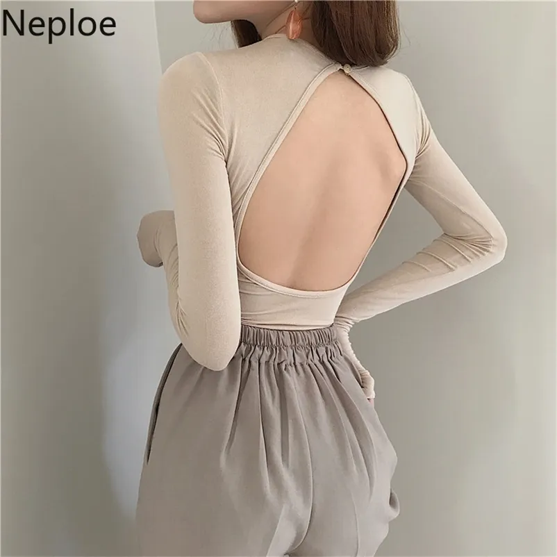 Sexy Open Back Doto Solid T shirt O Neck Pullover Długi rękaw Perspektywy Tee Cutton Wild Slim Spring TOP49345 210422