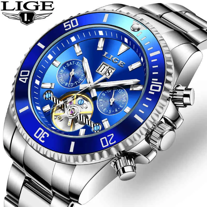 LIGE, relojes para hombre, marca superior de moda, reloj mecánico automático de negocios de lujo, reloj impermeable informal para hombre, reloj Masculino + caja 210517