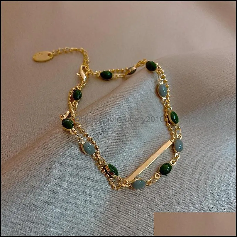 Link, Chain Creative Double-deck Green Crysta Vintage Bracelet Zinc Alloy Material Inlaid Natural Jewel Trendy Bracelets Women Jewelry