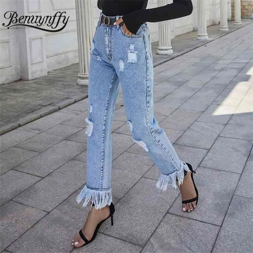 Botón Fly Tassel Hem Ripped Jeans Mujer Primavera Moda Wash Cintura alta Casual Streetwear Mom Straight 210510