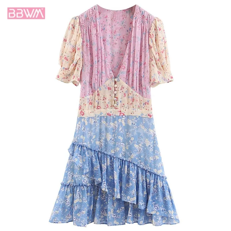 Verão Mulheres Selvagem Fino Francês Impressão Ruffled Mosaico Floral Vestido De Costura V-Pescoço Estilo Étnico Feminino Vestidos Boêmia 210507