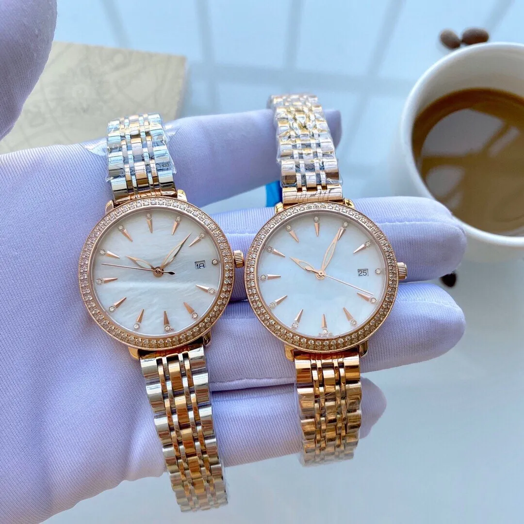 New stainless steel Rhinestone Quartz Wrist watch Women Geometric double diamond Watches Ladies Mother of pearl bracelet 36mm