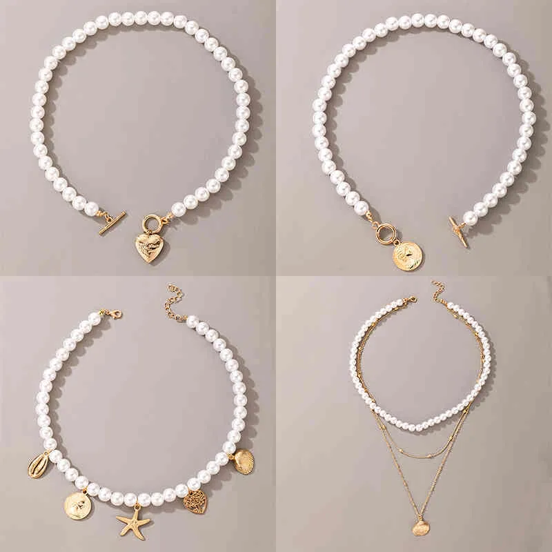 docona Trendy Pearl Portrait Choker for Women Simple Gold Shell Starfish Love Heart Necklace Female wedding Jewelry