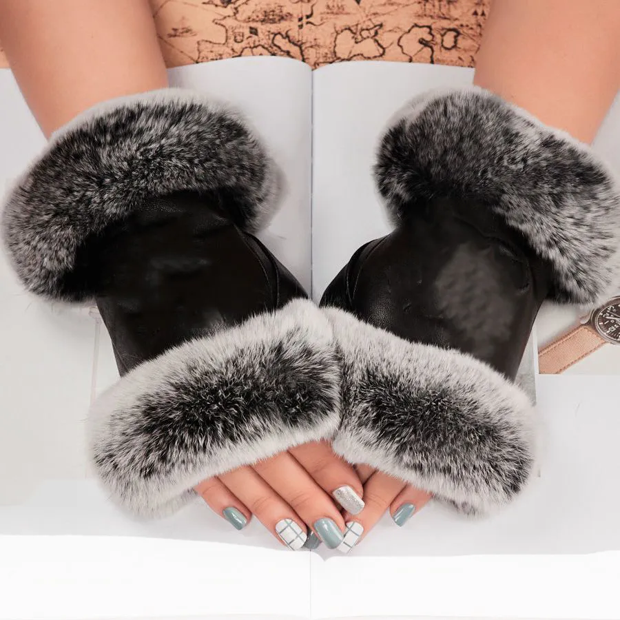 Lyxmärkta läderhandskar och pekskärm i ull kaninskinn kallt resistent varmt fårskinn avskedsfinger