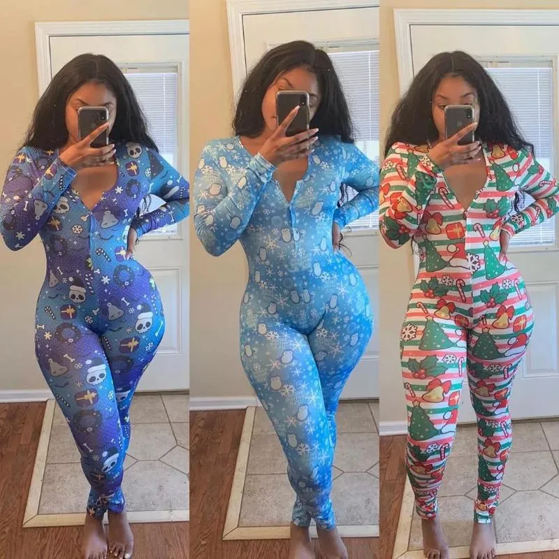 Women's Jumpsuits & Rompers Women Long Sleeve Jumpsuit Fashion Xmas Print V Neck Buckle Skinny Romper Female Home Wear Sexy Christmas