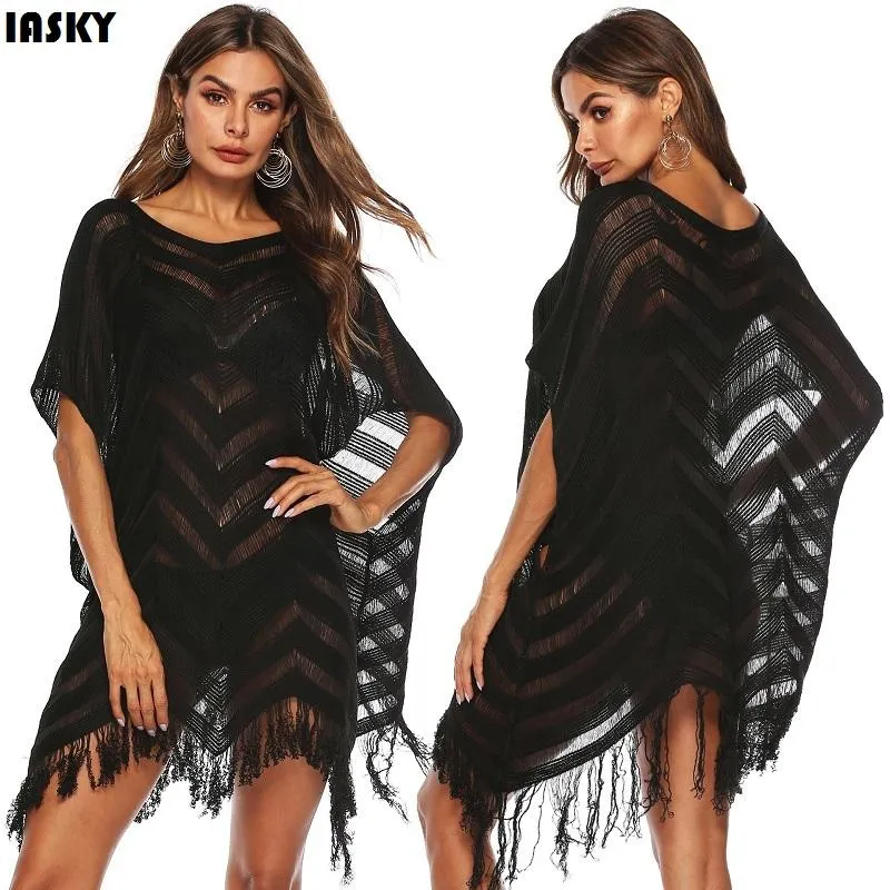 Bikini Cover Up See Through Tassel Crochet Swimsuit Beach Dress Women 2021 Summer Bathing Suit Cover-Ups Wear Tunic Sarongs