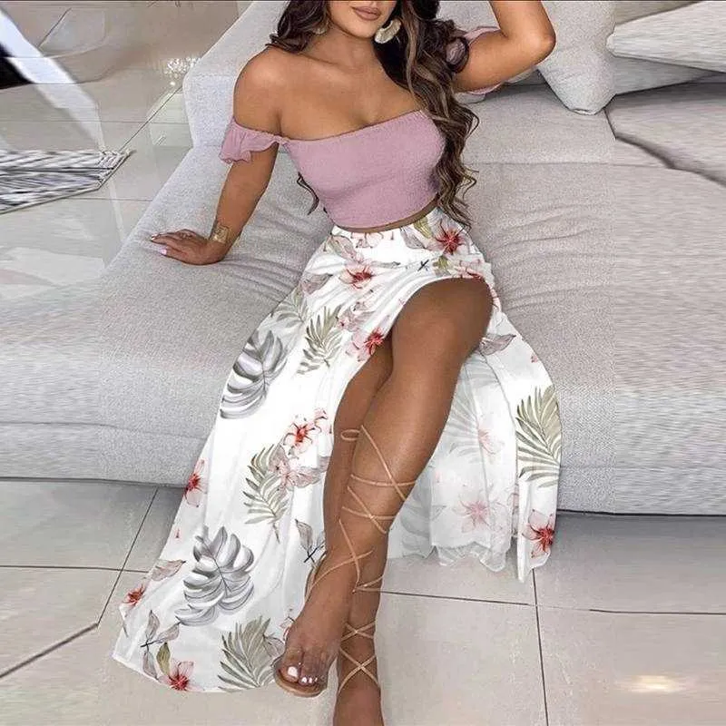 2021 Summer Sexy Off Shoulder Top Ladies Retro Pleated Skirts Women Pink Dress Sets Vintage Floral Print Long Skirts Y1006