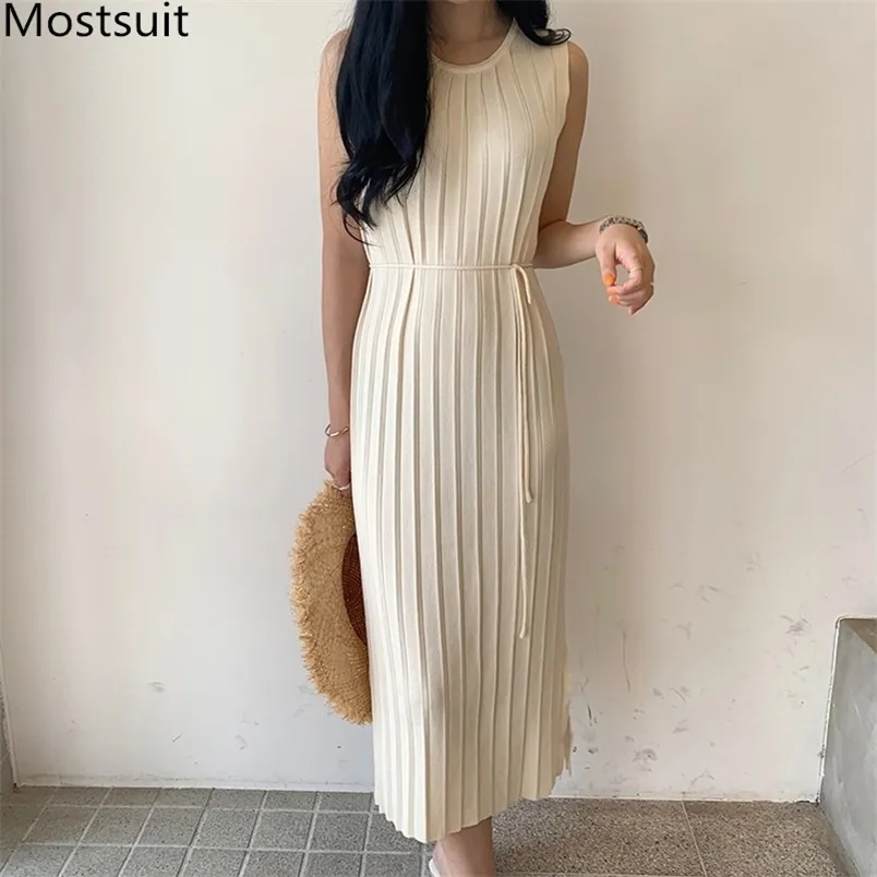 Yaz Kore Örme Kolsuz Elbise Kadın O-Boyun Sashes Uzun Elbiseler Zarif Katı Moda Kazak Vestidos Femme 210513