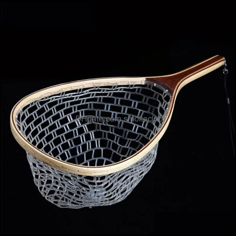 Fishing Accessories 80% Wooden Handle Rubber/Nylon Mesh Landing Net Catch Release Scoop