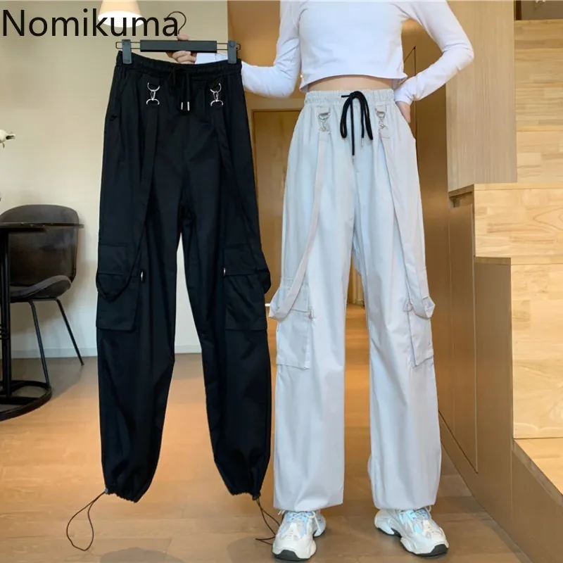 Nomikuma Koreański Streetwear Spodnie Cargo Kobiety Joggers Solid Color High Waist Spodnie Solidne Kolor Casual Luźne Pantalones 210514