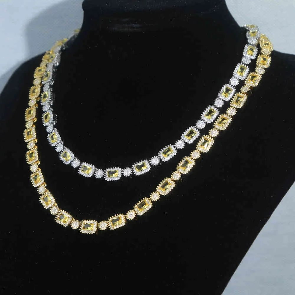 Men Square Yellow Cubic Zirconia Tennis Chains Hip Hop Iced Out Bling Jewelry Gold Silver Color Choker Long Necklace Jewelry X0509