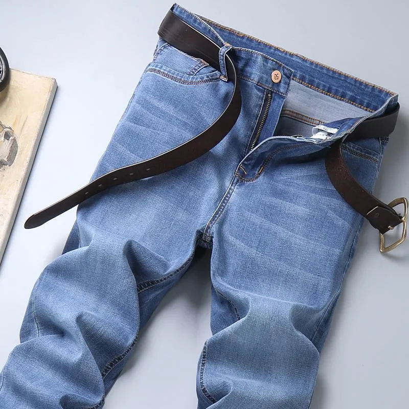 Jeans masculinos de alta qualidade leve reto solto algodão estiramento denim 2021 primavera e verão marca juventude moda thin249m