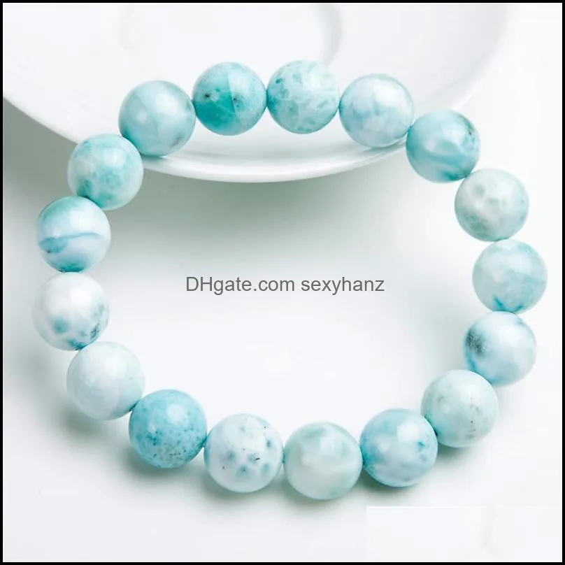 Natural Blue White Larimar Gem Stone Crystal Round Beads Bracelet Jewelry Women Stretch Charm 11mm Beaded, Strands