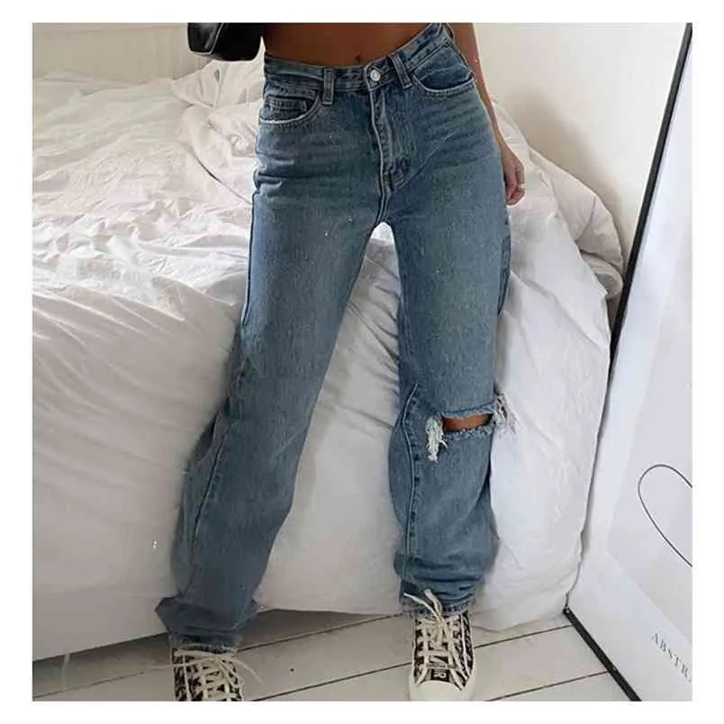 Denim déchiré Jeans pour femmes Cargo pantalon maman Jean taille haute mode trous mince Baggy pantalons longs 210708