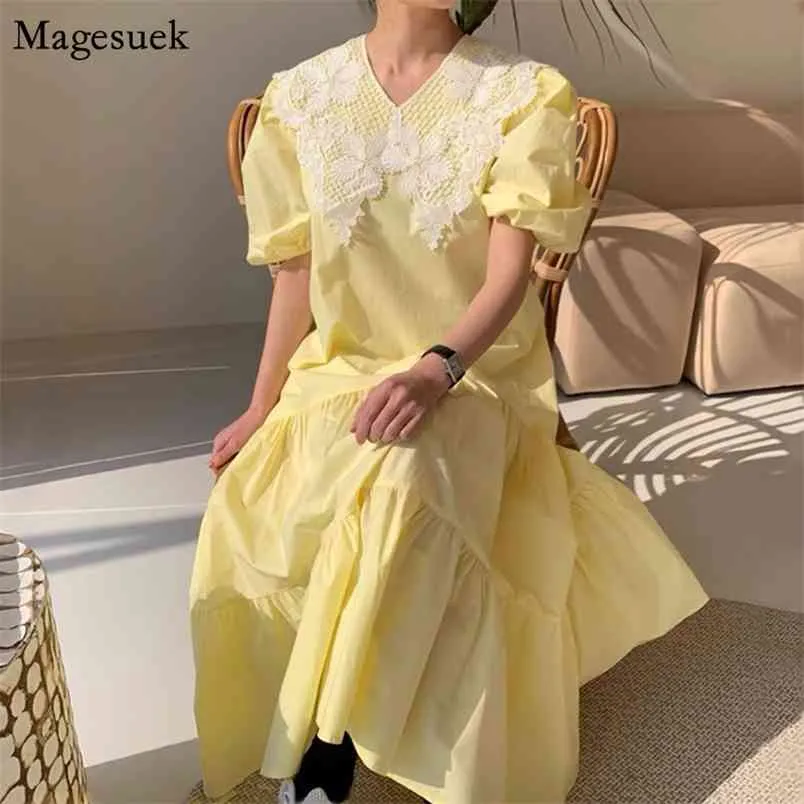 韓国のシックプラスサイズの夏のドレス女性レースステッチルーズ黄色の女性のエレガントなラペルパフスリーブ長い14302 210512