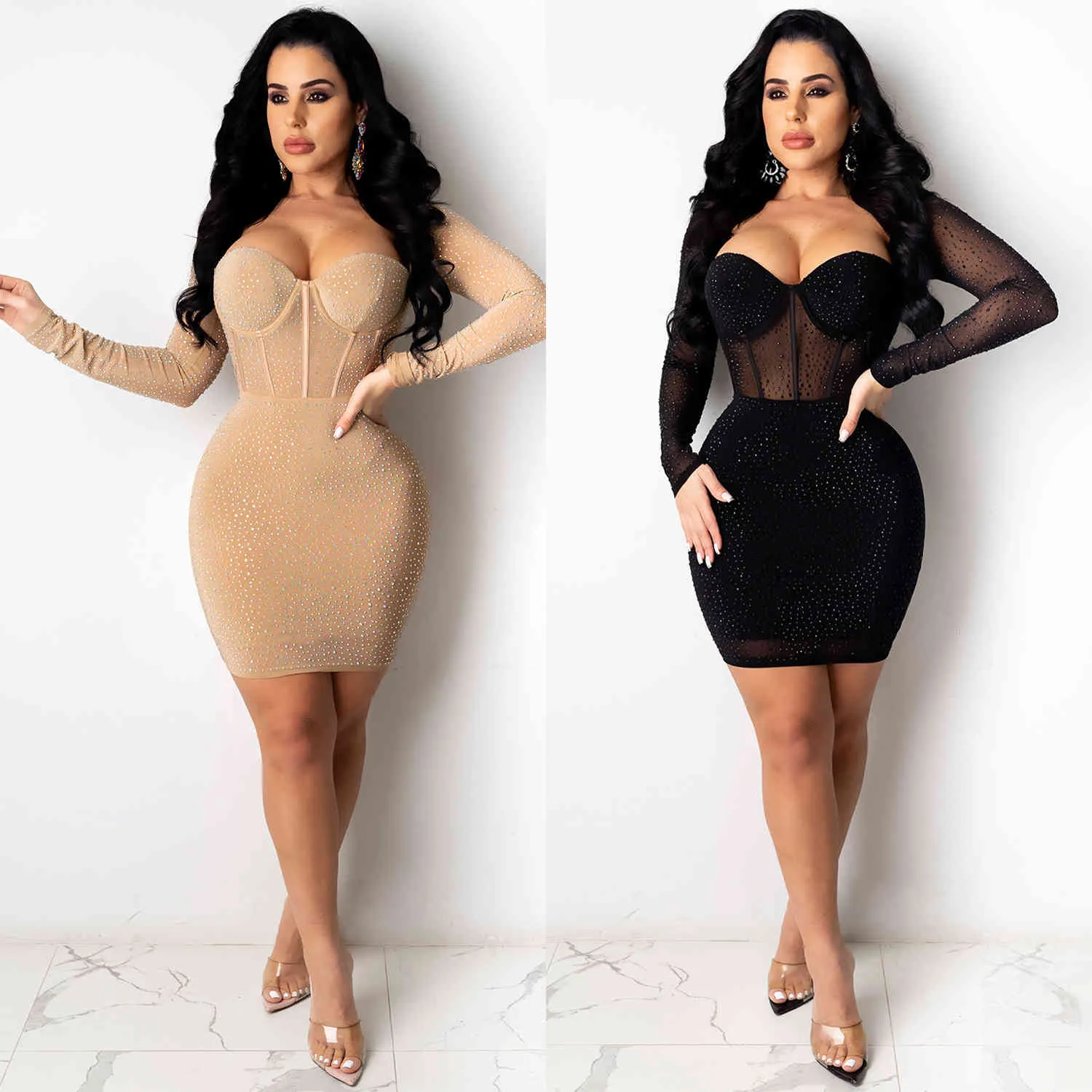 Crystal Bodycon Dress Women Party Mini New Arrivals Long Sleeve Celebrity Evening Club 210422