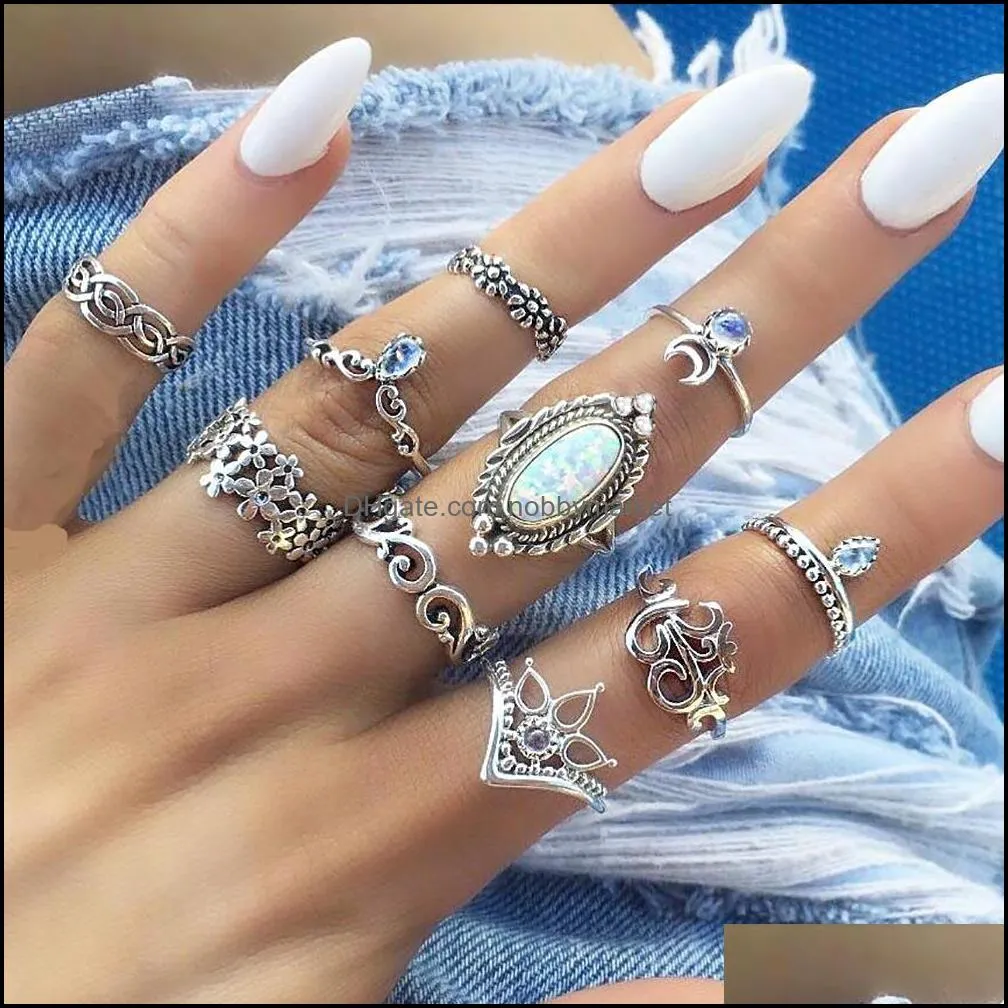 10 Styles Bohemian Antique Silver Rings Set For Women Retro Hand of Fatima Elephant flower Ankh Crescent Midi Knuckle Finger Ring