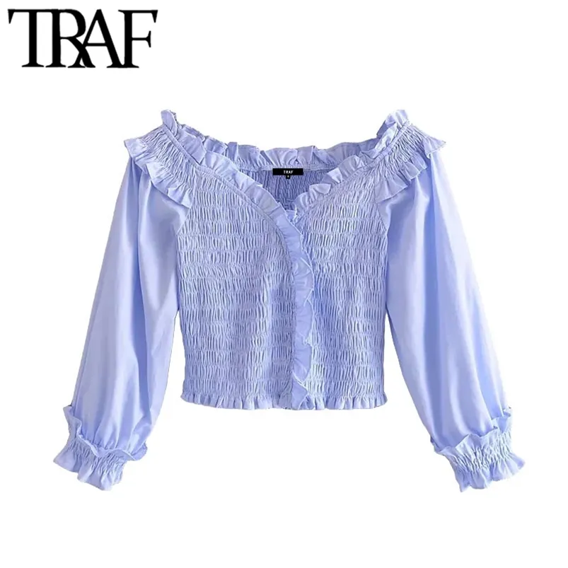 Vrouwen zoete mode gegolfde gesmokte elastische bijgesneden blouses vintage driekwart mouw vrouwelijke shirts chique tops 210507