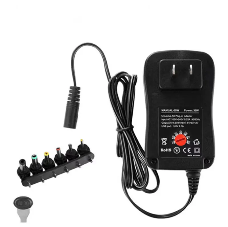 Voedingsadapter Transformatoren 3-12V 30W 2.1A AC/DC Universele laderadapter met 6 pluggen Verstelbare spanning Gereguleerde adapters