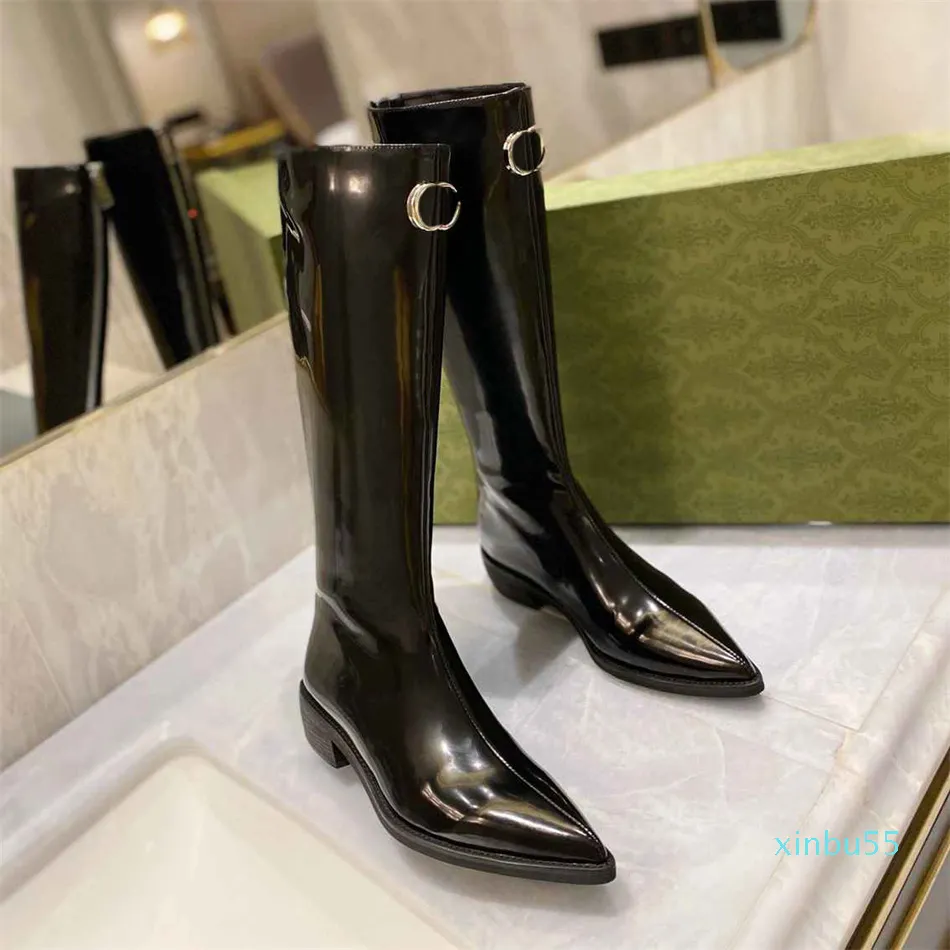 En Kaliteli Tasarımcı Çizmeler Kadın Kış Metal Düğme Zincir Ayakkabı Deri Düşük Topuk Yüksek Topuklu Boot Lüks Parlak