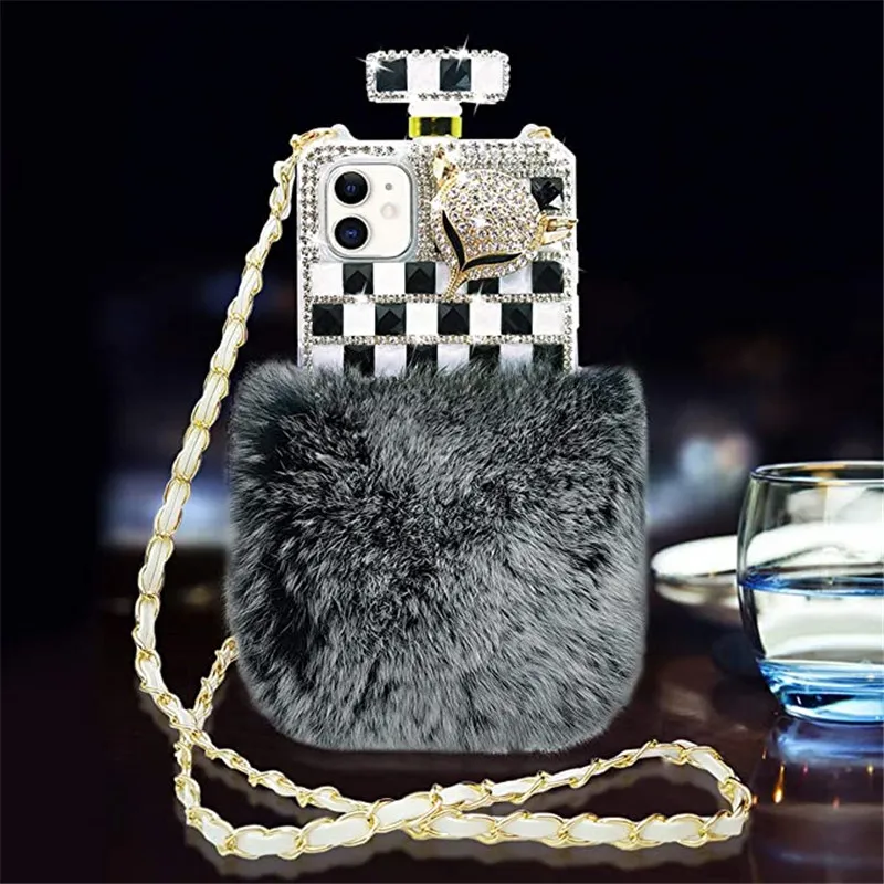 Damesontwerper Winter Stijl Bont Bal Parfum Fles Diamond Cases voor iPhone 12 Pro Max 13 Mini 11 XR XSMAX 8Plus Lanyard Crystal Rhinestone 11Pro Telefoon Case Cover