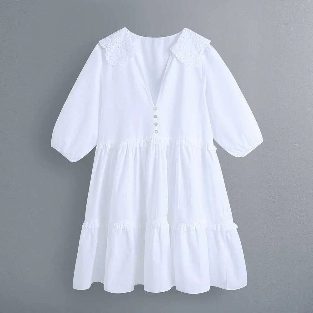 Women White Dress Summer Fashion Lace Collar V-Neck Modern Lady Smocking Mini Dresses 210602