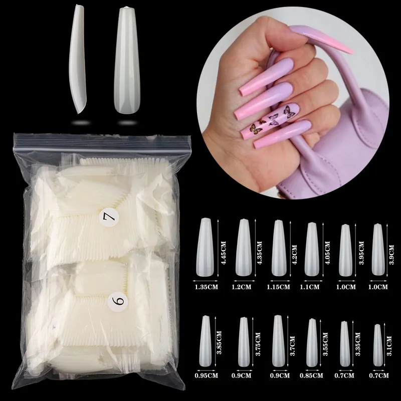 Faux ongles XXL Extra longs en forme de cercueil, ballerine, forme plate, pointes d'art des ongles, naturels, transparents, couverture complète, à pression, 600 pièces