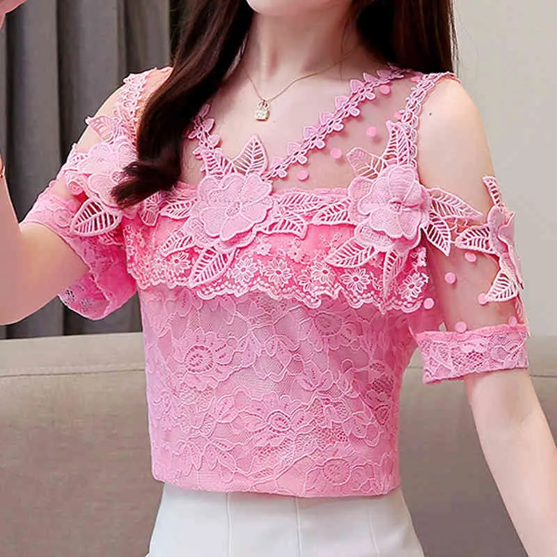 Women's Clothing Summer Short-Sleeve Lace Pink Tops Flower Hollow Sexy Chiffon Ruffle Blouses Shirts 680A 210420