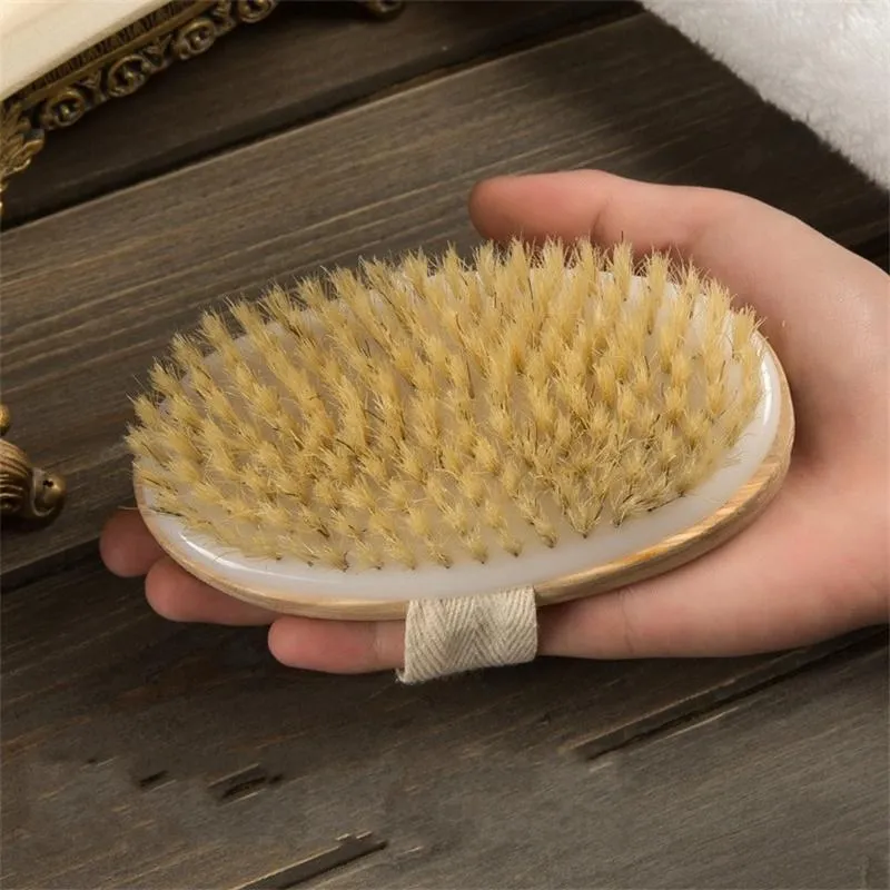 120pcs träbadborstar 12.5 * 7cm torr hudkropp naturlig hälsa mjuka borstmassage svampar duschrum scrubs spa borste oval utan handtag DHL eller UPS