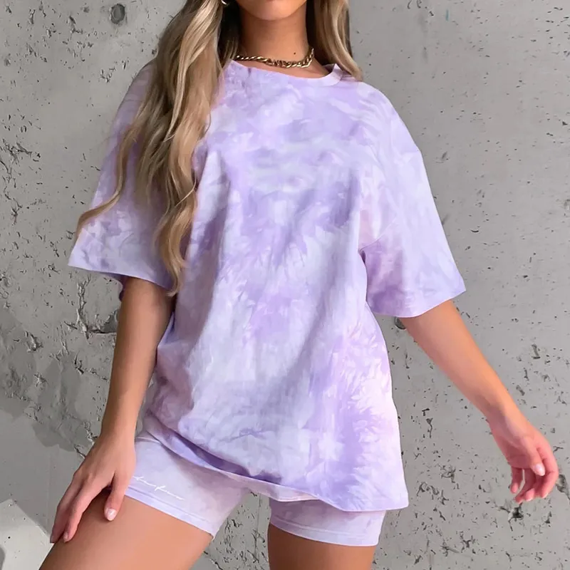 Fashion Tie-Dye Gradient Loose Leisure T-shirt Small clothes Two Piece Suit Playsuits Casual jumpsuit women overalls for women 210514