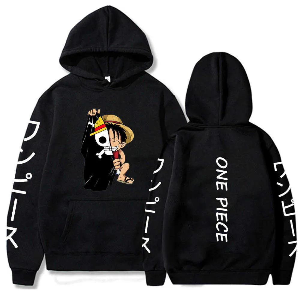 Anime Um pedaço Luffy Unisex Hip Hop Hoodie Mulheres Manga Moletons Menino Menina Roupas Y0804