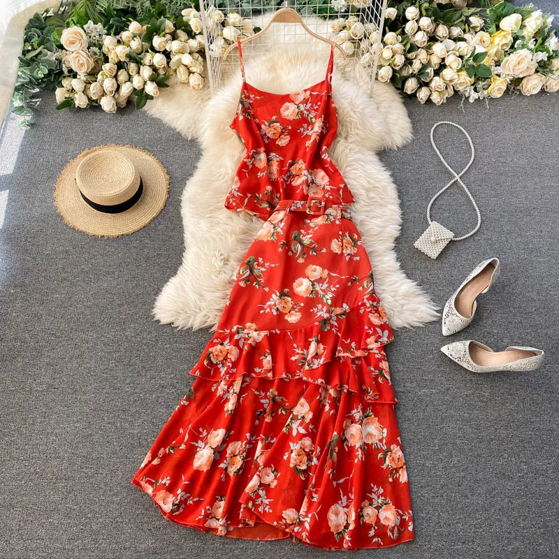 SINGREINY Women Summer Sexy Sling Chiffon Floral Tops Vacation Beach Ruffle Long Skirt Fashion Print All-match Two-piece Suit 210419