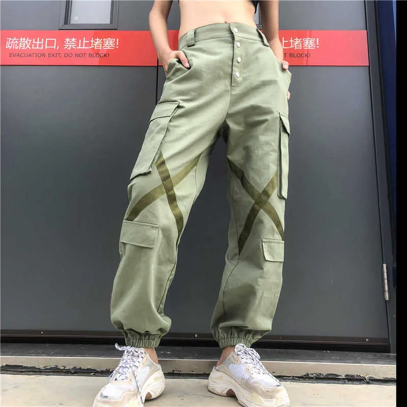 Grote zakken hip pop streetwear lint kruis dames lading broek casual joggers hoge taille losse vrouwelijke knoppen broek 210531