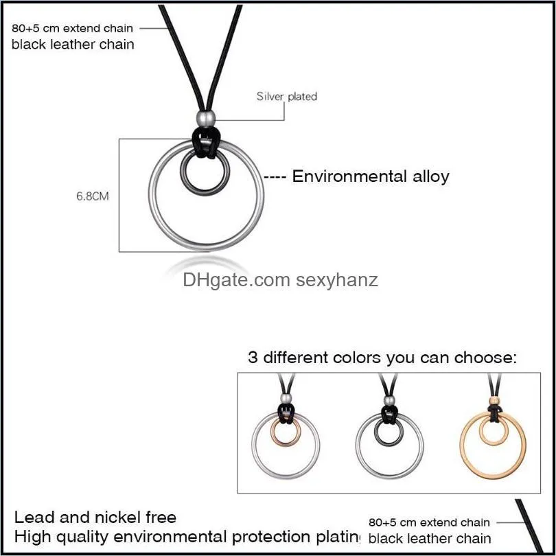 80cm Black Leather Rope Chain Long Necklace Double Circles Pendant Fashion Jewelry for Women Christmas Party Gift Sweater Chain