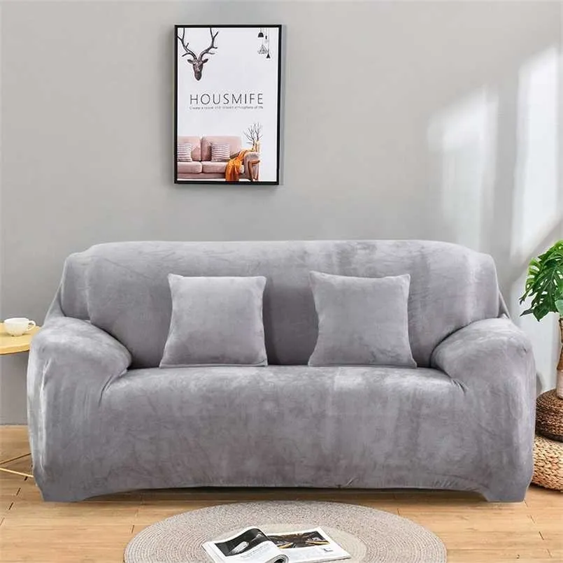 Tjockad plysch elastisk soffa täcker för vardagsrum sektion hörn möbler slipcover soffa lock 1/2/3/4 sits solid färg 211116