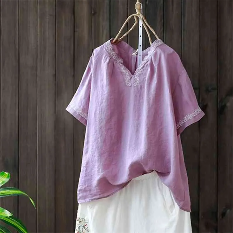 Summer Arts Style Femmes manches courtes V-Col V Lâche Tshirt Vintage Coton T-shirt Tee shirt Femme Tops S803 210512
