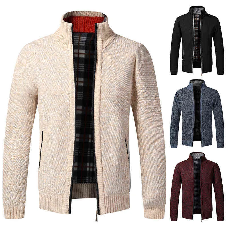 Men's Winter Sweater Zippered Cardigan com Tolo Quente Casual Solto Camisola Solida Coleira de Cor Sólida 211109
