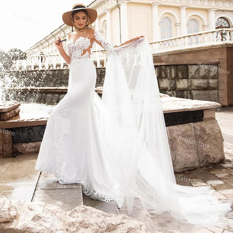 Unique White Mermaid Lace Wedding Dress See Through Top Arabic Satin Country Church Bride Dresses Long Sleeve Summer Beach Bridal Gowns 2021 vestido Unique White Mermaid Lace Wedding Dress See Through Top Arabic Satin Country Church Bride Dresses Long Sleeve Summer Beach Bridal Gowns 2021 vestido