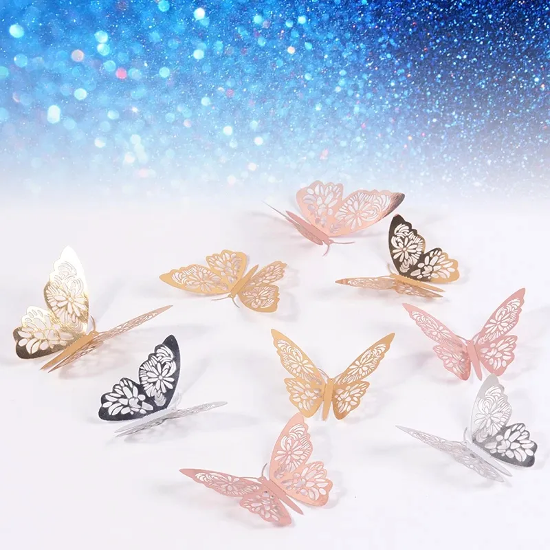 Nuovo adesivo da parete con farfalla cava colorata a doppio strato Farfalle in cartone glterato 3D Decorazione per festa di compleanno di nozze 12 pezzi  15