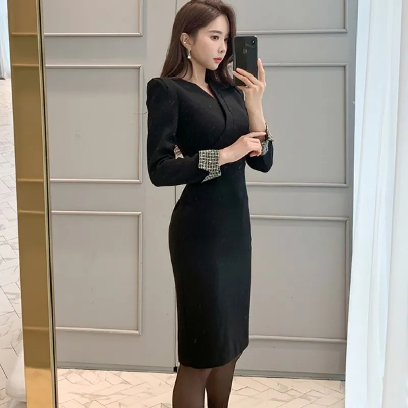 Office Lady V-Neck Cross Long Sleeve Black Pencil Dress Women Spring Elegant Slim Sexy Knee length Bodycon Sheath Dress 210514