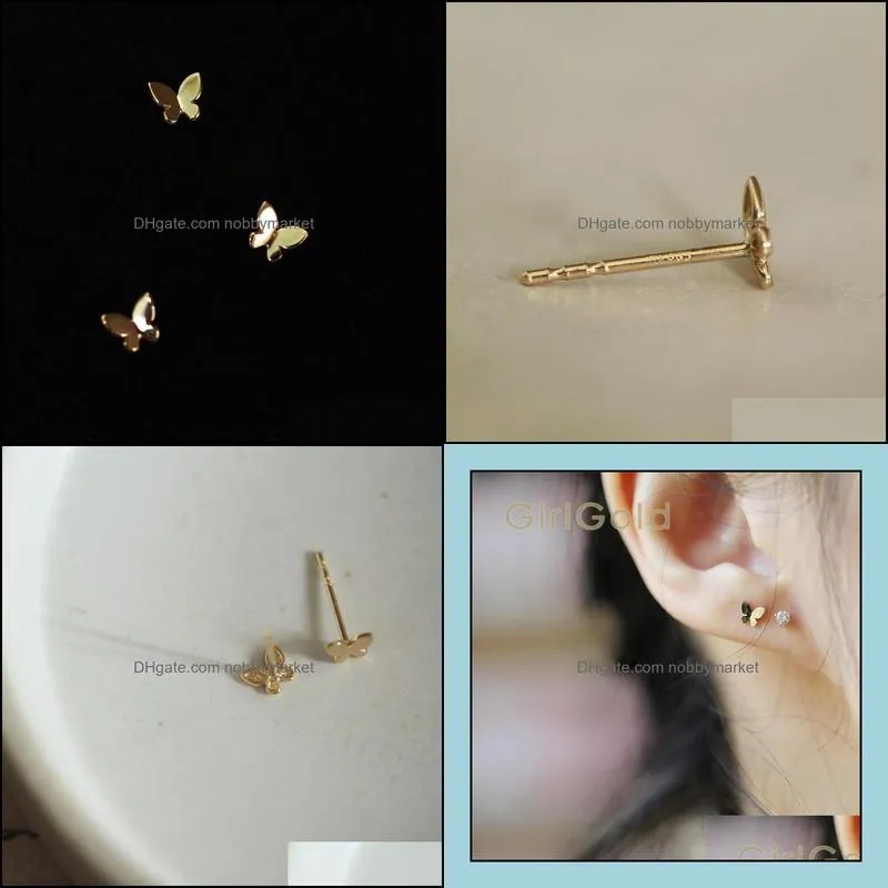 14k Solid Gold Butterfly Earring Mini Dainty Women Minimal Simple Style Gift Bridesmaid 210323
