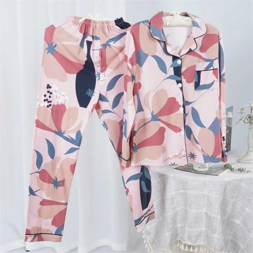 Женский двухкомнатный домашний костюм для весны и лета с длинными рукавами хлопчатобумажные брюки Pajamas Print Полный сон Топы женщины Pijama набор 21112