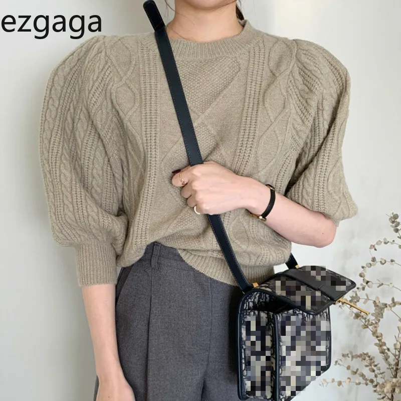 Ezgaga Argyle Vintage Twist Sweater Kvinnor Koreanskt Chic Höst O-Neck Solid Loose Three Quarter Lantern Sleeve Knitwear Elegant 210430