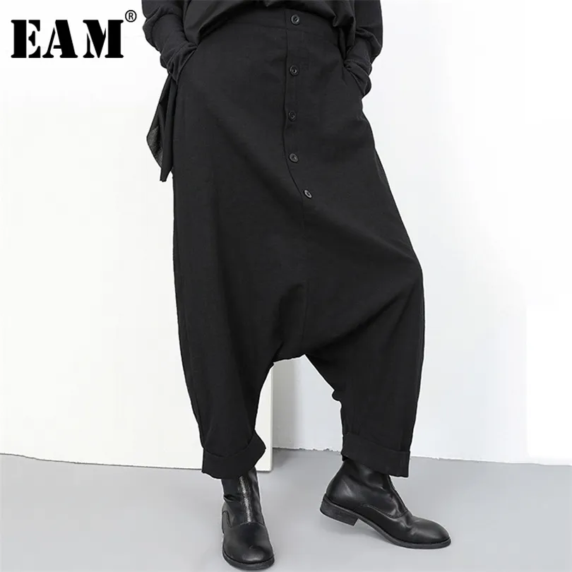 [EAM] Spring Autumn High Elastic Waist Black Button Split Joint Wide Leg Long Loose Pant Trousers Fashion YG2 211124