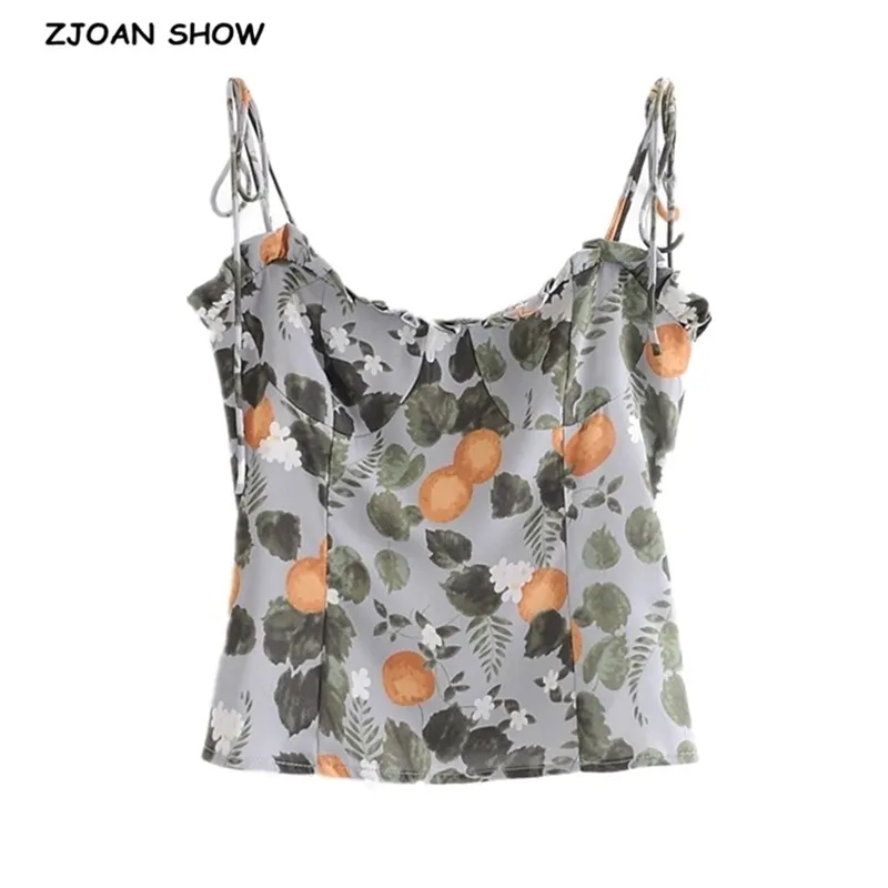 Tie Bow Strap Wood ears Lemon Floral Print Camis Women Summer Ruched Tanks Retro Girl Sexy Slim Crop Top Short Tees 210429