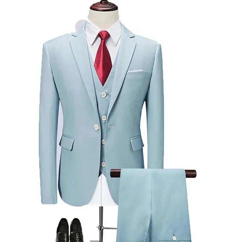Baby Blue Men's Traje 3 piezas Muesca de negocios Soldado Túngondos Clásicos Groomsmen para la boda (Blazer + Chalt + Pantalones) Trajes Blazers