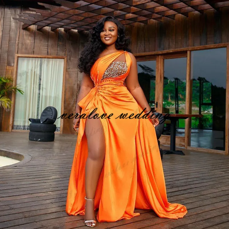 2021 Arabic Aso Ebi Orange Beaded Crystal classy evening dress with High Split One Shoulder Perfect for Prom Formal Party and Second Reception